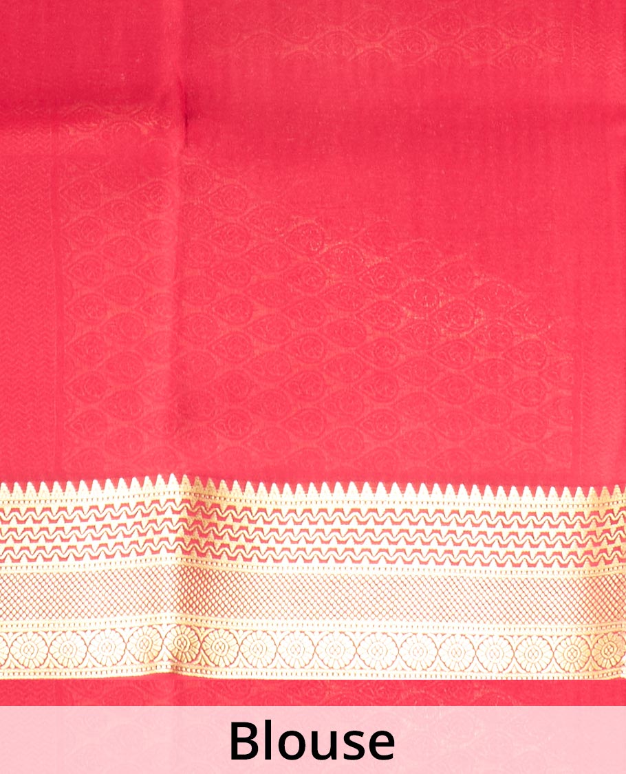 Red plain Mysore silk saree, two-headed eagle motifs woven border, and pallu steeped with two-headed eagle motifs