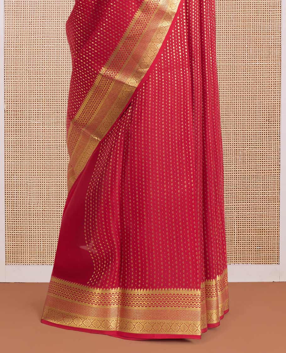 Red plain Mysore silk saree, two-headed eagle motifs woven border, and pallu steeped with two-headed eagle motifs
