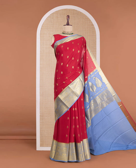 Red zari buttas Mysore silk saree, contrast traditional zari border of elephant motifs, and pallu of paisley, and elephant motifs