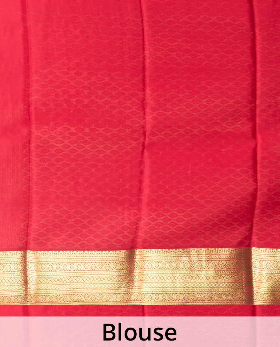 Red zari buttas Mysore silk saree, traditional zari design woven border, and pallu of cypress tree motifs