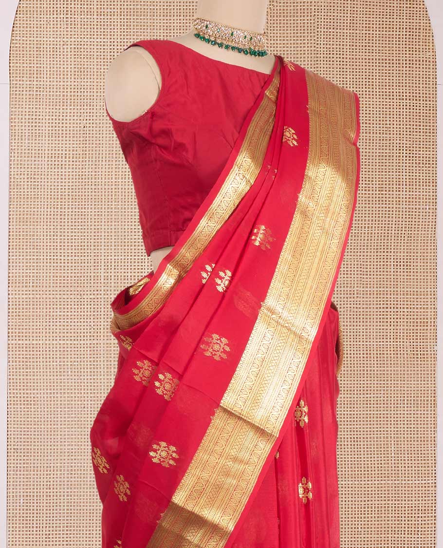 Red zari buttas Mysore silk saree, traditional zari design woven border, and pallu of cypress tree motifs