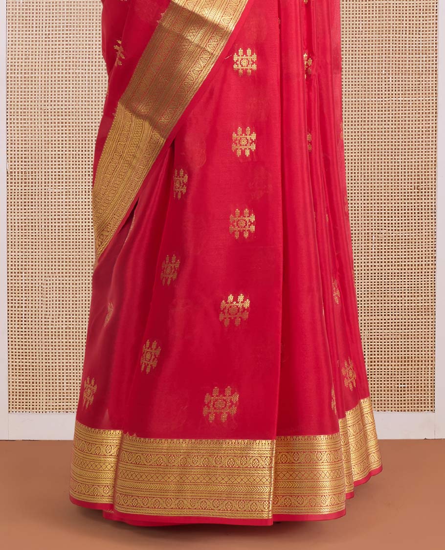 Red zari buttas Mysore silk saree, traditional zari design woven border, and pallu of cypress tree motifs
