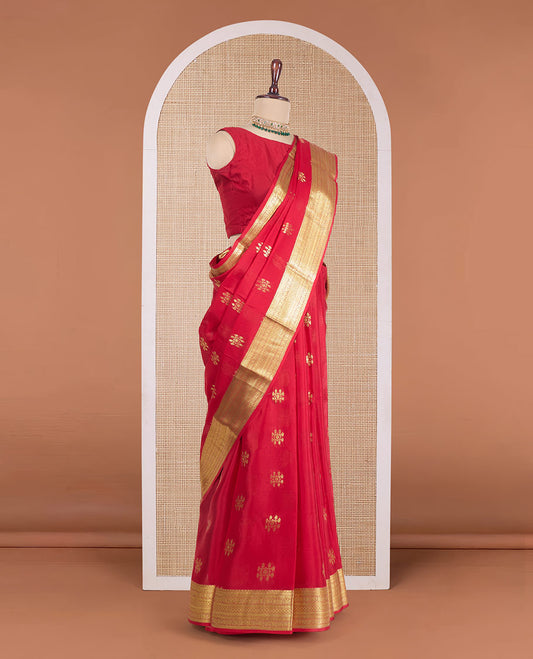Red zari buttas Mysore silk saree, traditional zari design woven border, and pallu of cypress tree motifs