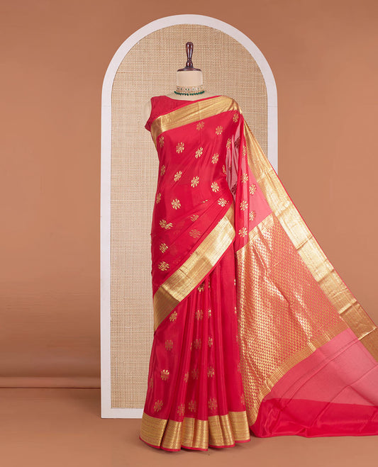 Red zari buttas Mysore silk saree, traditional zari design woven border, and pallu of cypress tree motifs