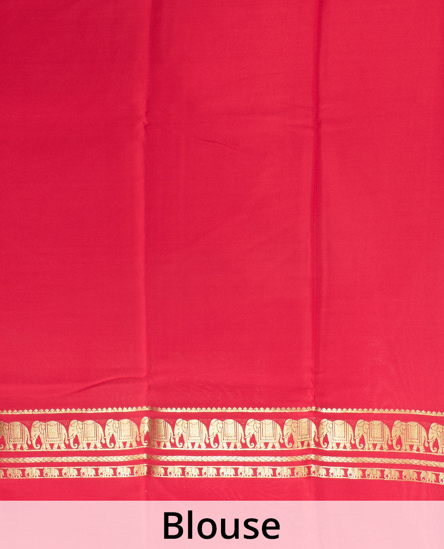 Red plain Mysore silk saree, zari border of elephant motifs, and zari striped pallu