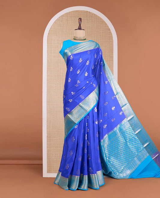 Blue floral zari buttas Mysore silk saree, contrast traditional zari design border, and jaal pallu