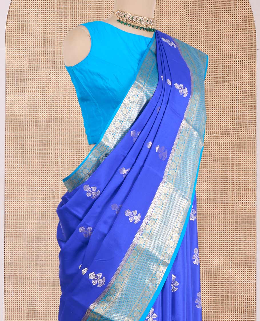 Blue floral zari buttas Mysore silk saree, contrast traditional zari design border, and jaal pallu