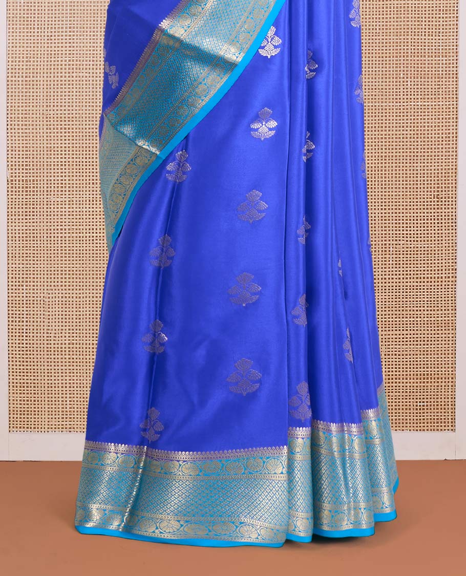 Blue floral zari buttas Mysore silk saree, contrast traditional zari design border, and jaal pallu