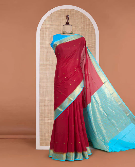 Red zari buttas Mysore silk saree, contrast zari jaal design border, and zari-rich jaal pallu