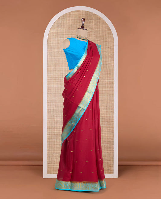 Red zari buttas Mysore silk saree, contrast zari jaal design border, and zari-rich jaal pallu