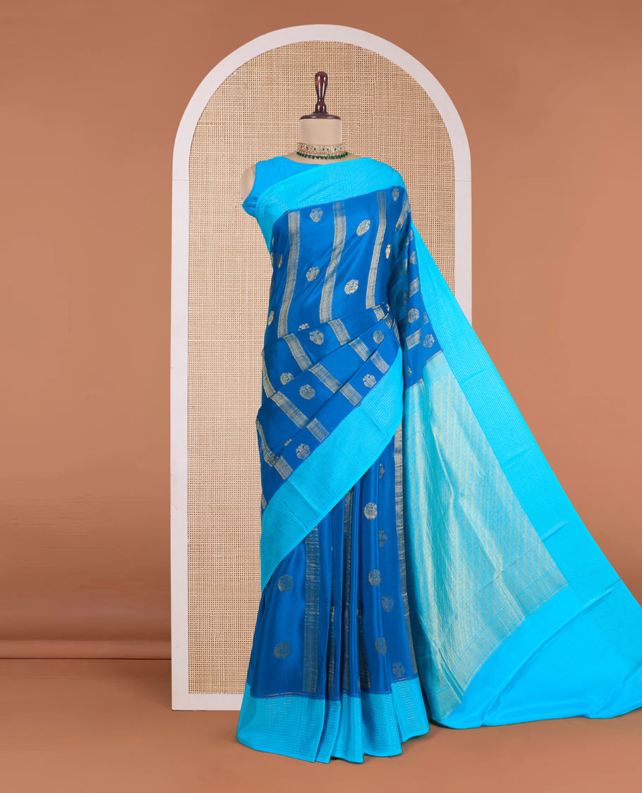 Blue zari design Mysore silk saree, contrast micro-checked border, and diagonal striped pallu