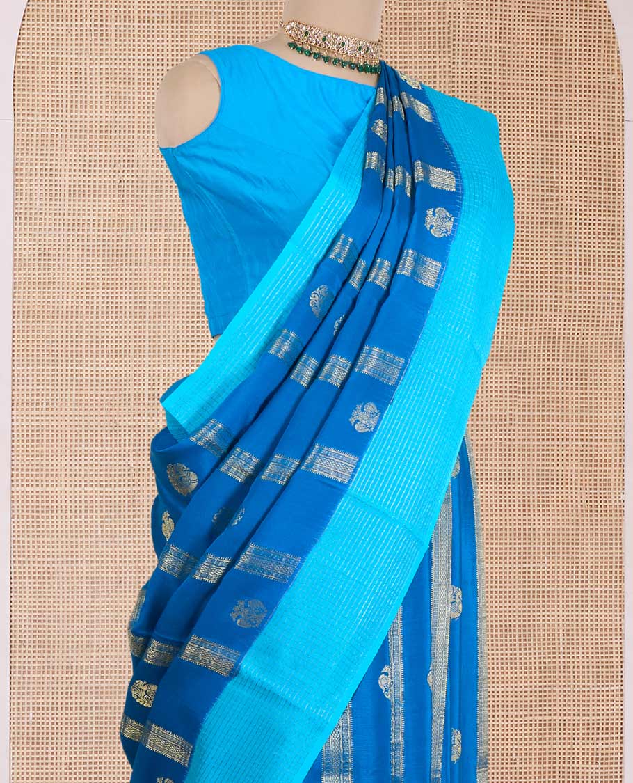 Blue zari design Mysore silk saree, contrast micro-checked border, and diagonal striped pallu