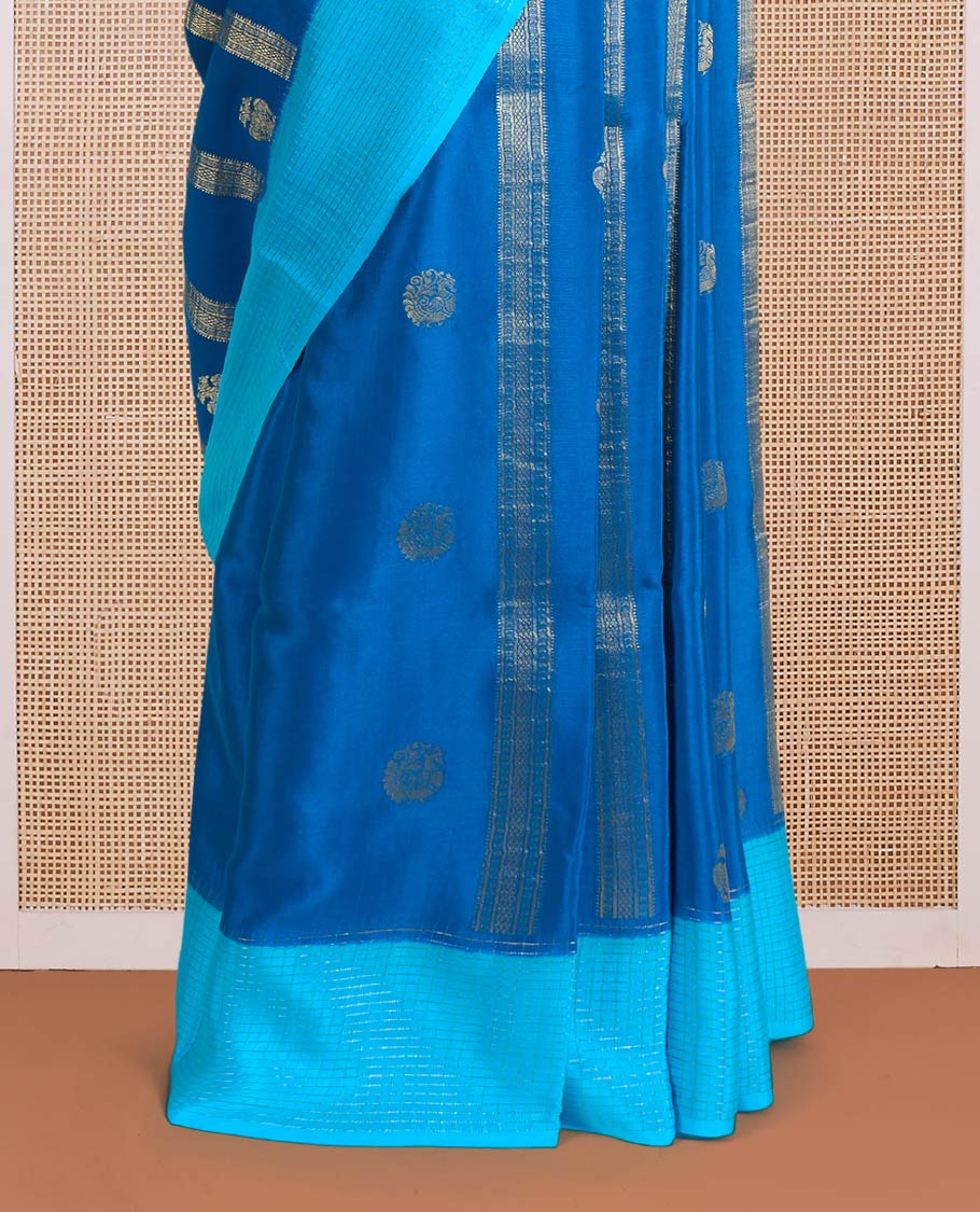 Blue zari design Mysore silk saree, contrast micro-checked border, and diagonal striped pallu