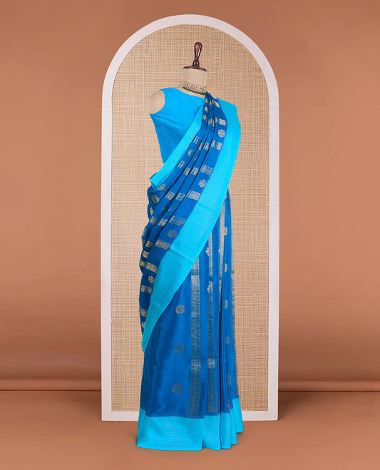 Blue zari design Mysore silk saree, contrast micro-checked border, and diagonal striped pallu