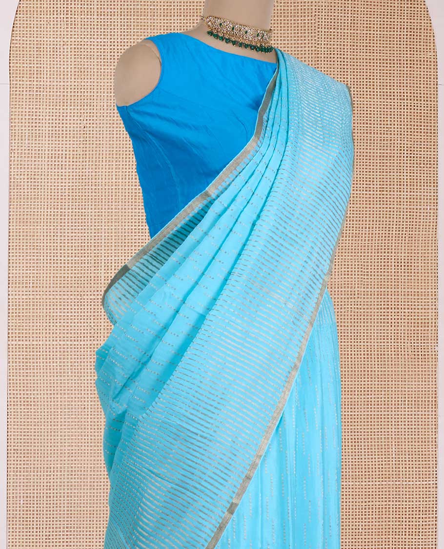 Blue zari design Mysore silk saree, zari striped border, and chevron striped pallu