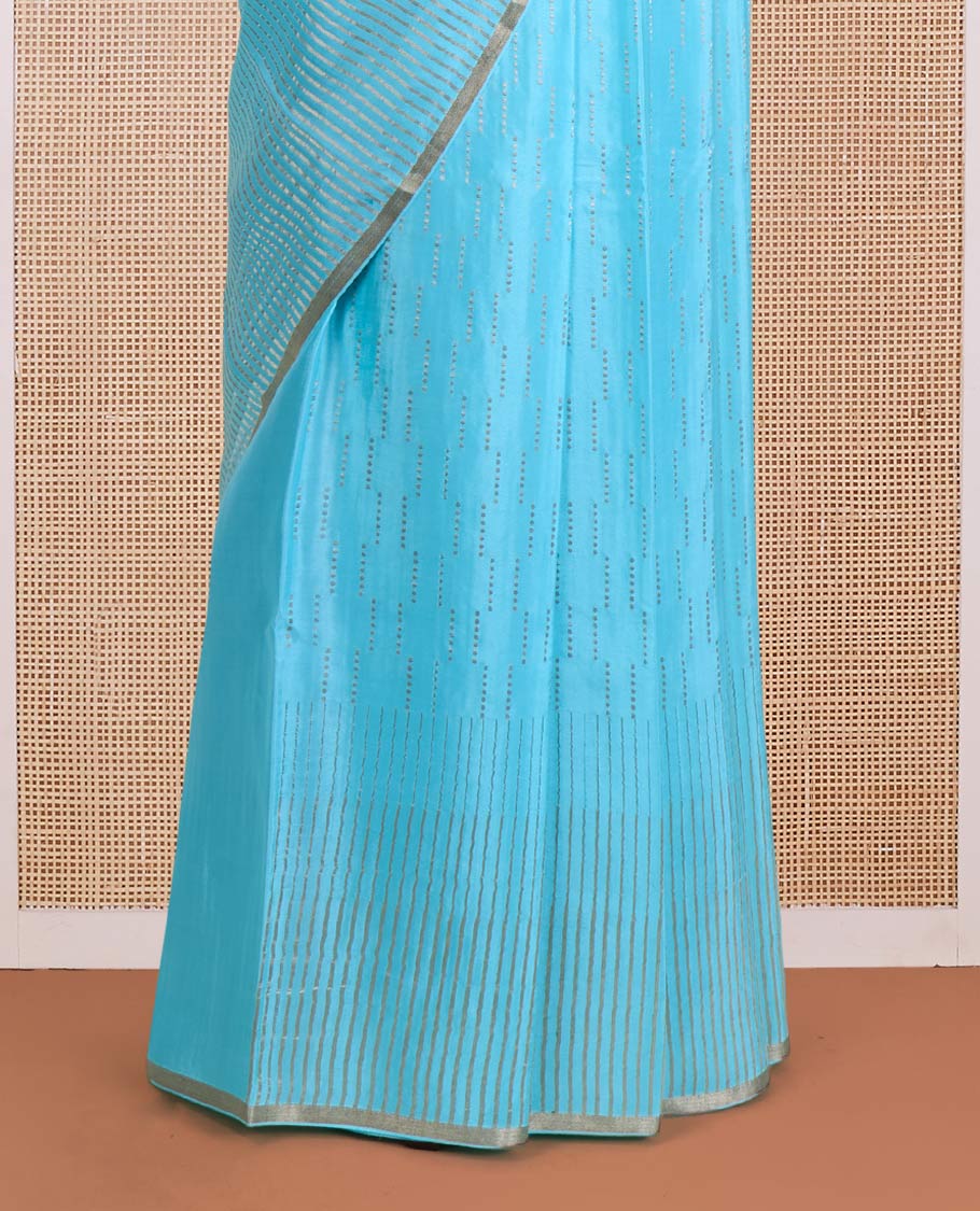 Blue zari design Mysore silk saree, zari striped border, and chevron striped pallu