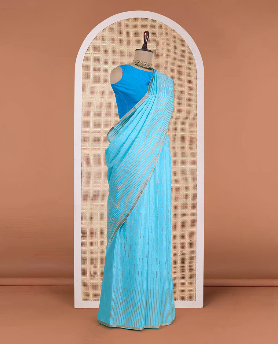 Blue zari design Mysore silk saree, zari striped border, and chevron striped pallu