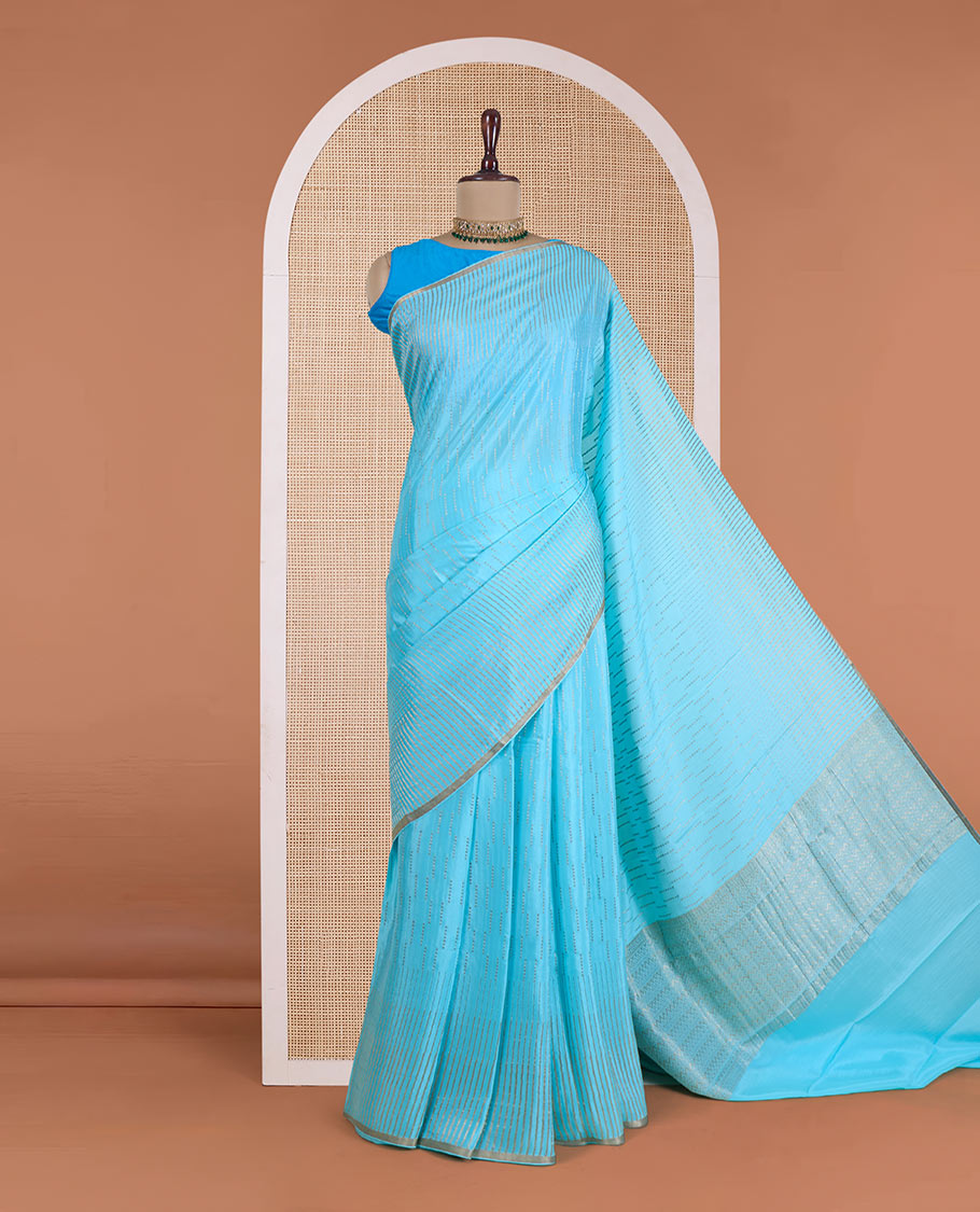 Blue zari design Mysore silk saree, zari striped border, and chevron striped pallu