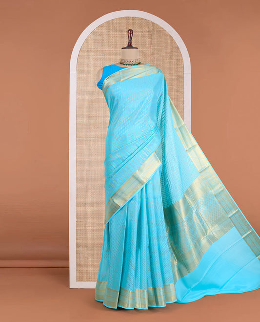 Blue zari buttas Mysore silk saree, traditional zari design border, and intricately designed pallu