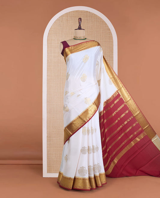 Cream two-headed eagle motifs Mysore silk saree, contrast traditional zari design border, and zari design pallu