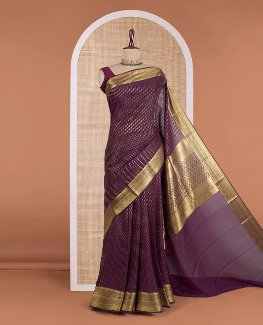 Maroon zari buttas Mysore silk saree, traditional motifs zari woven border, and intricately designed pallu