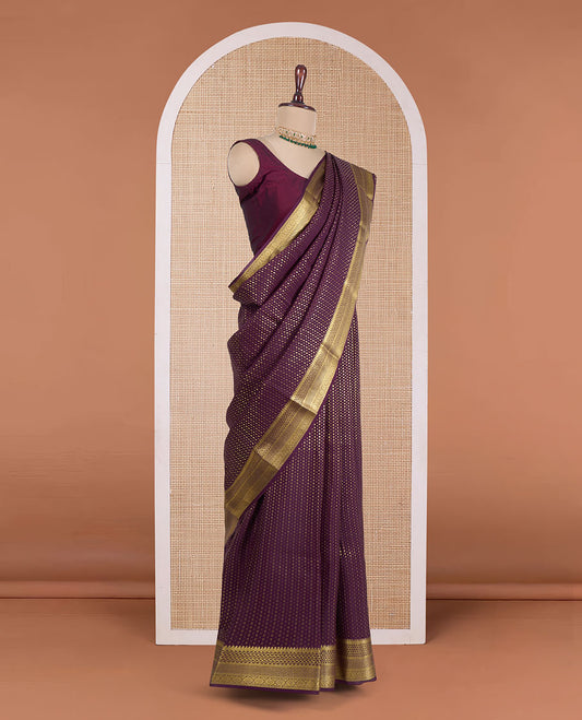 Maroon zari buttas Mysore silk saree, traditional motifs zari woven border, and intricately designed pallu