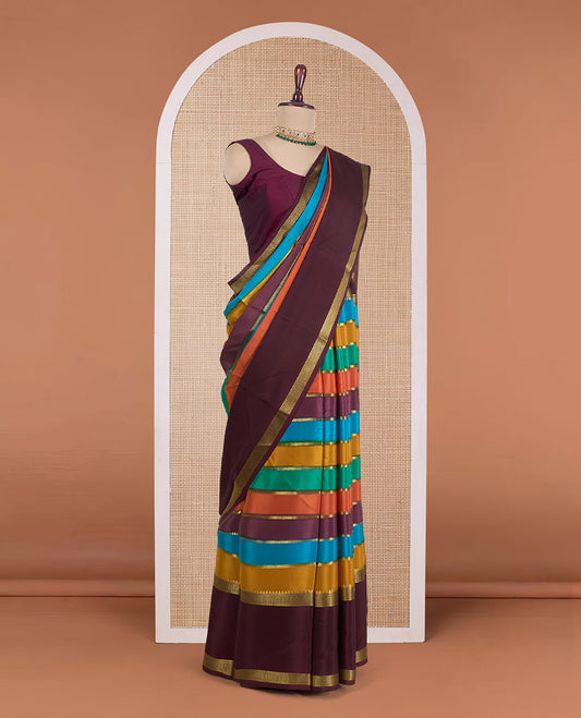Multi-color striped Mysore silk saree with zari stripes, contrast maroon traditional zari rettai pettu border, and intricate pallu