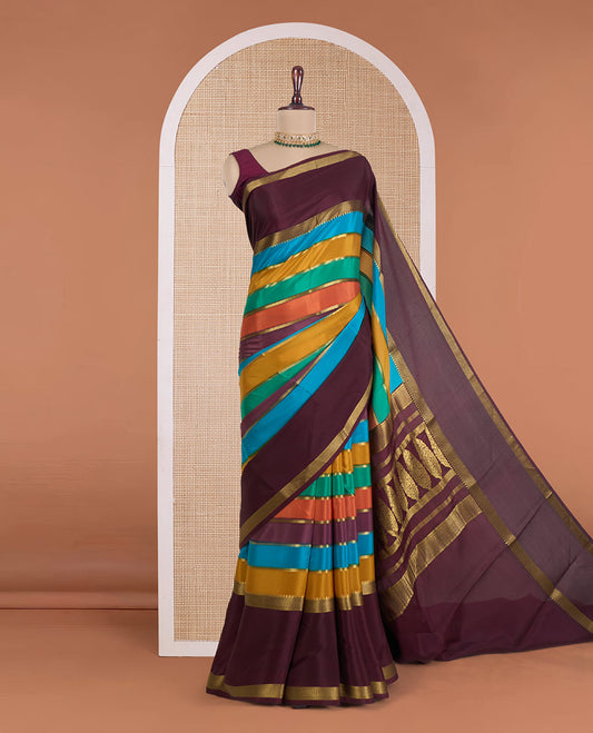 Multi-color striped Mysore silk saree with zari stripes, contrast maroon traditional zari rettai pettu border, and intricate pallu