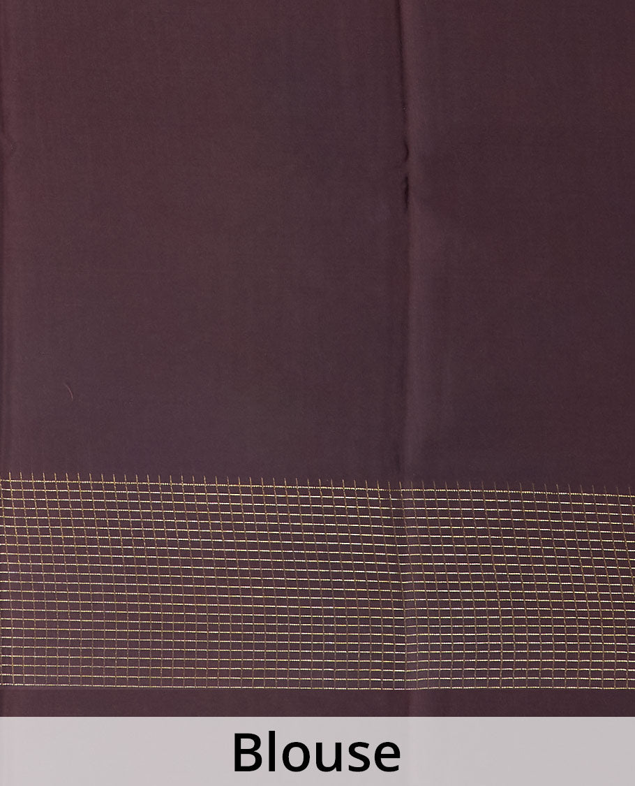 Orange zari design Mysore silk saree, contrast micro-checked border, and pallu of diagonal stripes