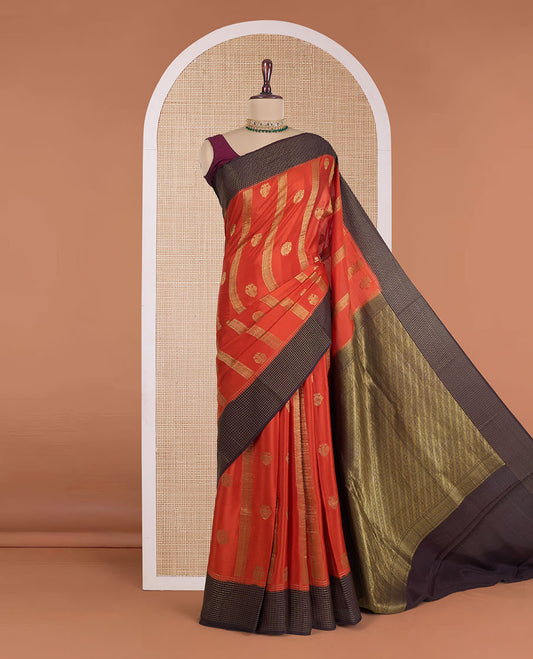 Orange zari design Mysore silk saree, contrast micro-checked border, and pallu of diagonal stripes