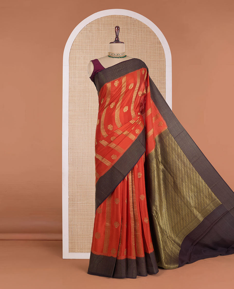 Orange zari design Mysore silk saree, contrast micro-checked border, and pallu of diagonal stripes