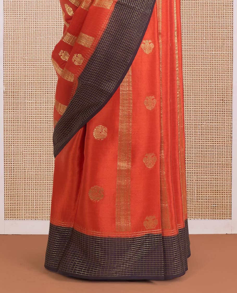 Orange zari design Mysore silk saree, contrast micro-checked border, and pallu of diagonal stripes