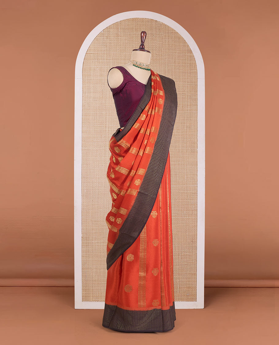 Orange zari design Mysore silk saree, contrast micro-checked border, and pallu of diagonal stripes