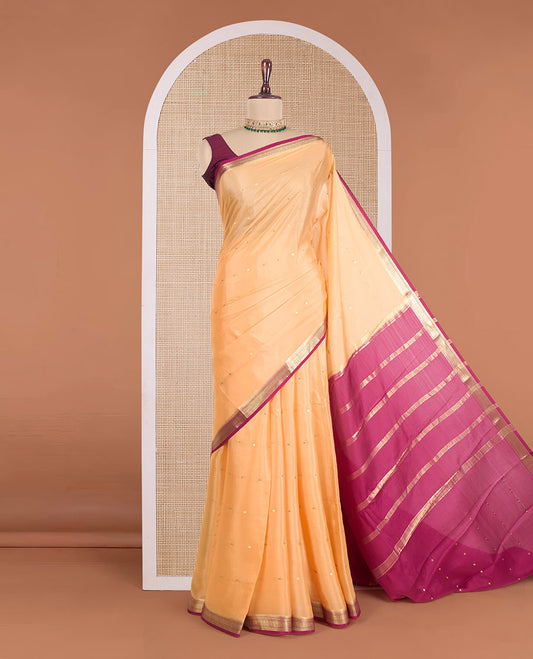 Orange zari buttas Mysore silk saree, contrast traditional zari border, and pallu of zari design