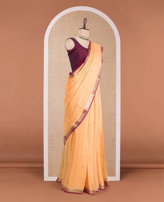 Orange zari buttas Mysore silk saree, contrast traditional zari border, and pallu of zari design