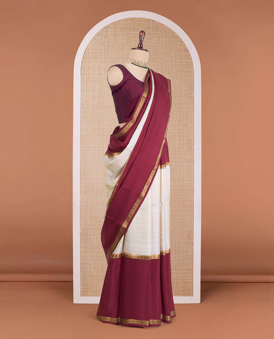 Cream round peacock jacquard silk saree, contrast big rettai pettu traditional zari border, and pallu of temple designs