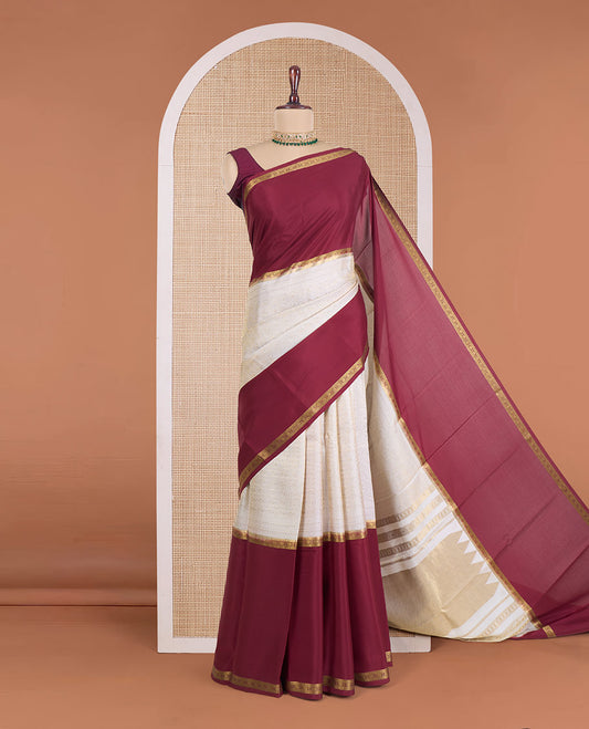 Cream round peacock jacquard silk saree, contrast big rettai pettu traditional zari border, and pallu of temple designs