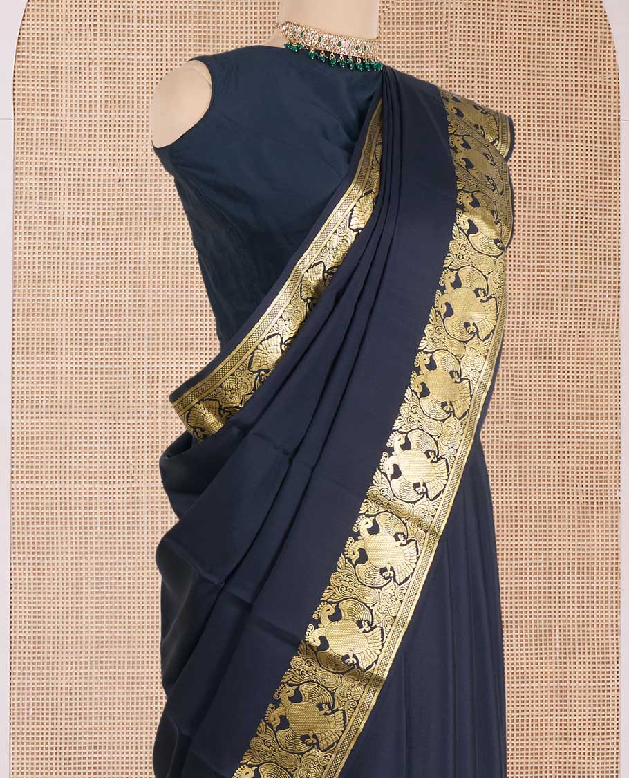 Black plain Mysore silk saree, zari border of two-headed eagle motifs, and pallu steeped with two-headed eagle motifs