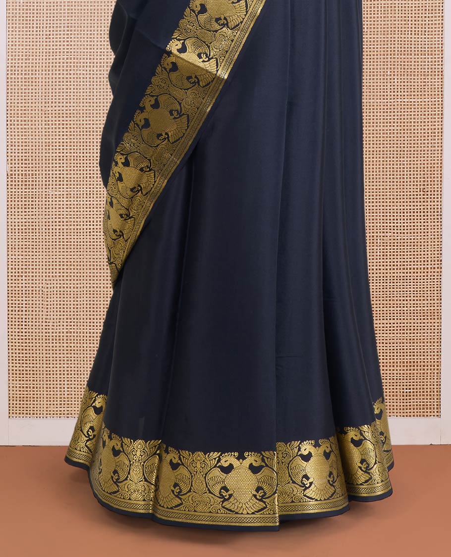 Black plain Mysore silk saree, zari border of two-headed eagle motifs, and pallu steeped with two-headed eagle motifs