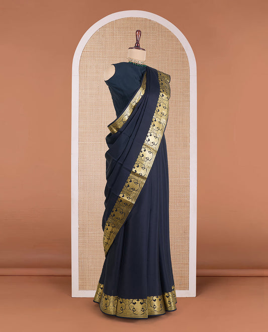 Black plain Mysore silk saree, zari border of two-headed eagle motifs, and pallu steeped with two-headed eagle motifs