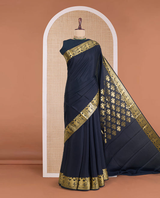 Black plain Mysore silk saree, zari border of two-headed eagle motifs, and pallu steeped with two-headed eagle motifs