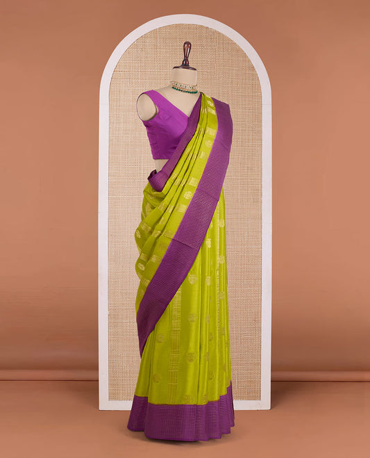 Green zari design Mysore silk saree, contrast micro-checked border, and diagonal striped pallu
