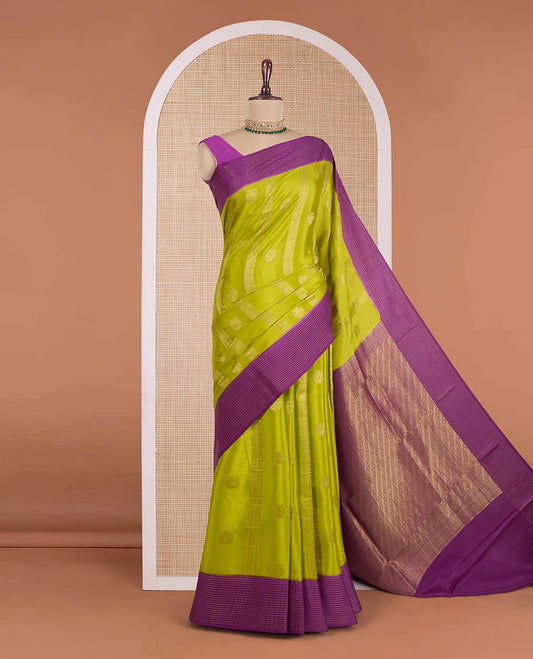Green zari design Mysore silk saree, contrast micro-checked border, and diagonal striped pallu