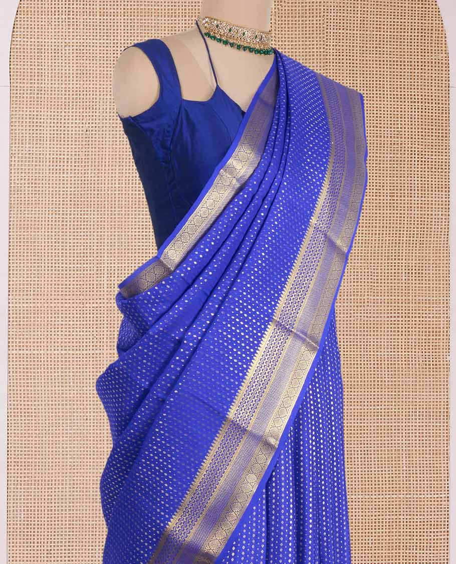 Blue zari buttas Mysore silk saree, traditional zari design border, and intricately designed pallu