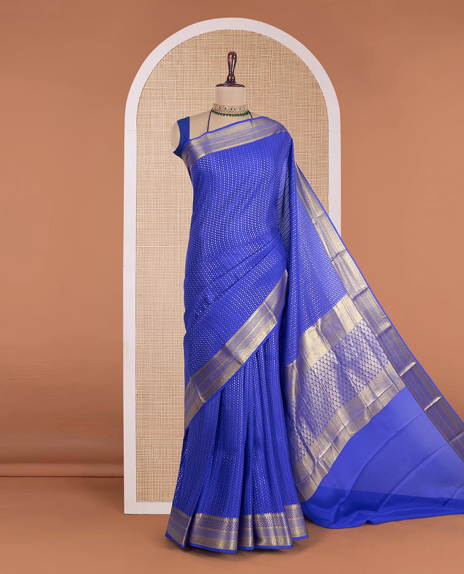 Blue zari buttas Mysore silk saree, traditional zari design border, and intricately designed pallu