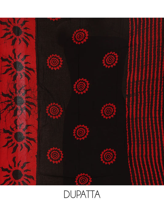Black and red material chudidar set, sun brust and chakra motifs hand block printed Viscose georgette top, contrast bottom, and hand block printed viscose georgette dupatta