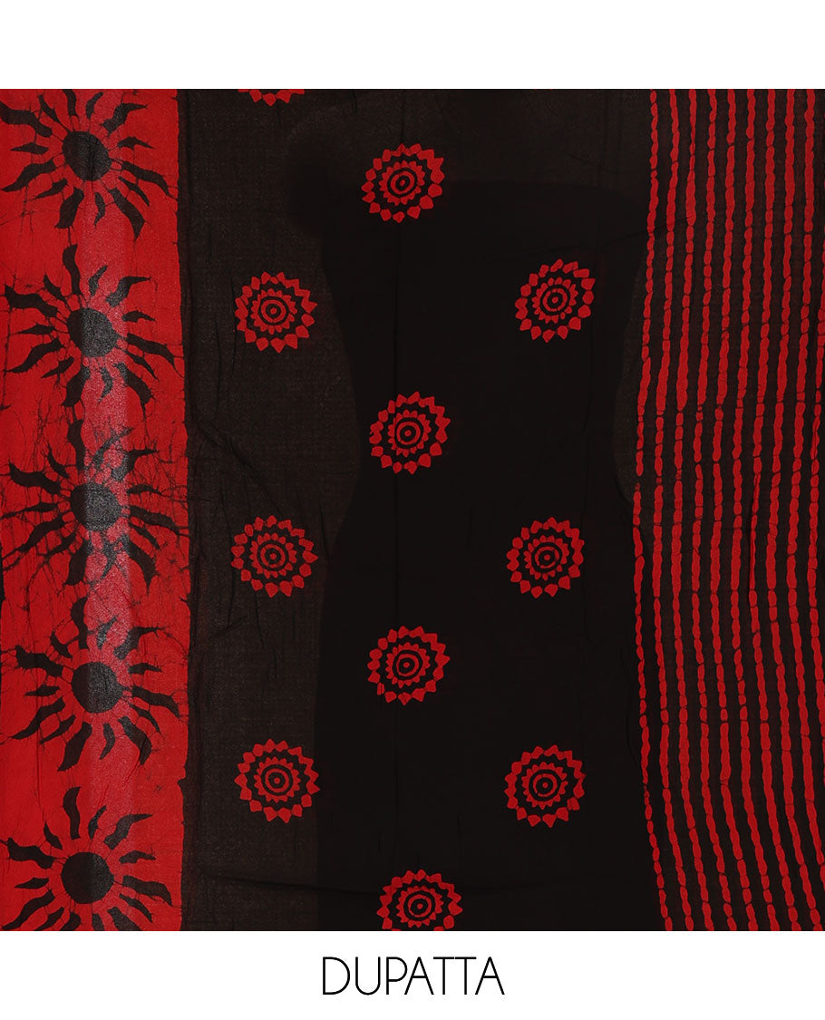 Black and red material chudidar set, sun brust and chakra motifs hand block printed Viscose georgette top, contrast bottom, and hand block printed viscose georgette dupatta