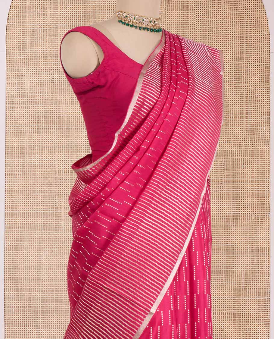 Pink zari design Mysore silk saree, zari striped border, and chevron striped pallu