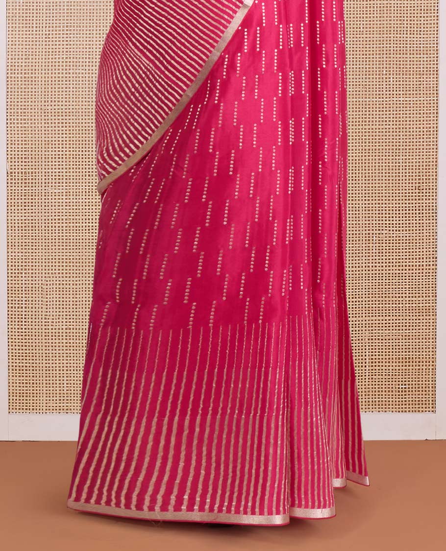 Pink zari design Mysore silk saree, zari striped border, and chevron striped pallu