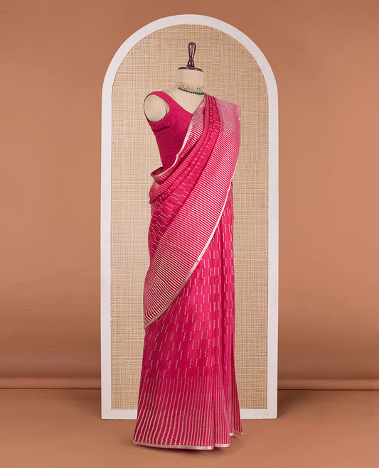 Pink zari design Mysore silk saree, zari striped border, and chevron striped pallu
